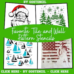 May include: A collage of four different tile and wall stencil designs. The top left stencil features a Santa Claus face. The top right stencil features a church with snow falling. The bottom left stencil features a pattern of sailboats. The bottom right stencil features a soldier standing in front of an American flag.