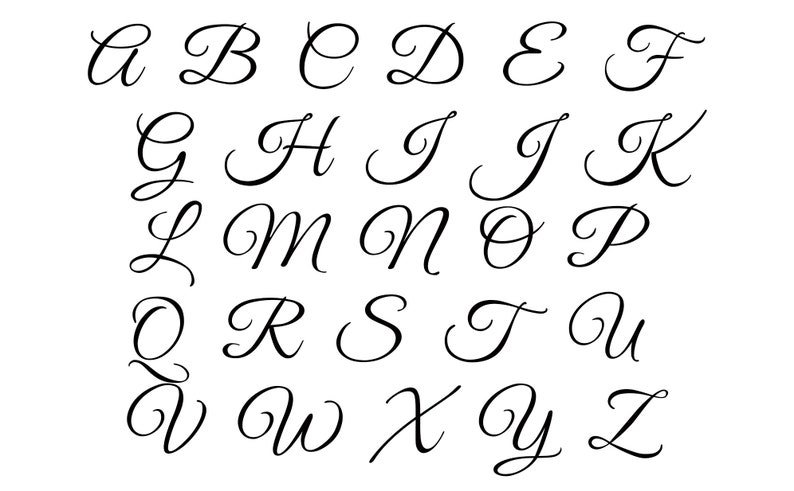 May include: A black and white image of the English alphabet in cursive script.