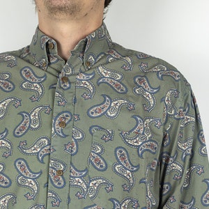 Vintage 1993 Dockers One Pocket Olive Drab Paisley Pattern Print Button Down Shirt Size Medium