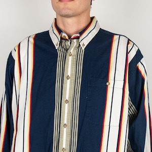 Vintage 90s Y2K Trader Bay Asymmetric Nautical Barcode Stripe Twill Cotton Button Down Shirt Size XXL Khaki White Blue Green Red