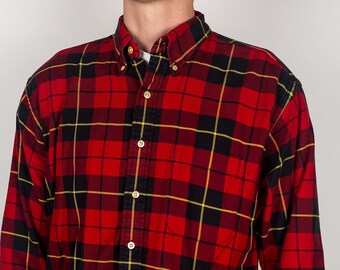 Vintage Burberry London Wallace Tartan Red Black Yellow Plaid Lumberjack Woven Cotton Button Down Shirt Size Large Made in USA Burberrys