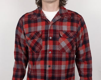 Vintage 80er Jahre Pendleton Langarm Zwei Taschen Button Down Wolle Lagerkragen Bordhemd Kariert Flanell Rot Grau Schwarz Schwarz Größe Medium