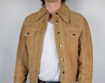 Vintage 70s-80s Baracuta Western Suede Leather Tan Trucker Jacket Size 38 Small Short Cropped
