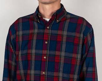Vintage 90s Pendleton Sir Pendleton Smooth Worsted Wool Plaid Flannel Red Blue Long Sleeve Two Pocket Button Down Shirt Size Medium
