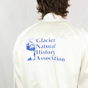 Vintage 80s Glacier National Park Natural History Association Satin Bomber Jacket Size XL Made in USA