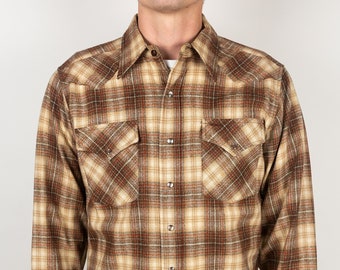 Vintage 80s Pendleton alto grado occidental desgaste camisa de lana a cuadros franela marrón manga larga dos bolsillos perla botón abajo tamaño mediano