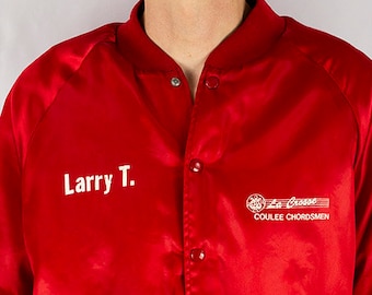 Vintage 80s La Crosse Coulee Chordsmen Men's Chorus Larry T. Satin Bomber Jacket Size L