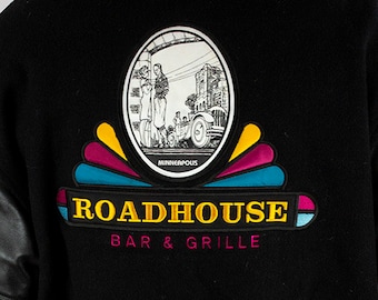 Vintage 90s Roadhouse Bar & Grille Minneapolis Minnesota Leather Sleeve Wool Varsity Jacket Size L