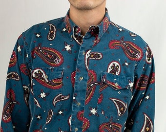 Vintage 90s Wrangler Western Pearl Snap Turquoise Paisley Shirt Size 15.5 x 33 Short Red Black White