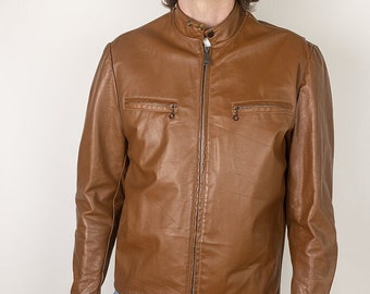 Vintage 70s Sears Leather Shop Brown Cafe Racer Motorcycle Jacket Size 44 Large Cowhide