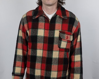 Vintage 50s Woolrich Wool Red Beige Black Lumberjack Plaid Hunting Check Full Zip Bomber Shirt Jacket Size 44 Large Made in USA