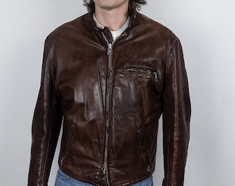 Vintage Schott 141 Cowhide Leather Cafe Racer Motorcycle Jacket Brown Size 46 XL
