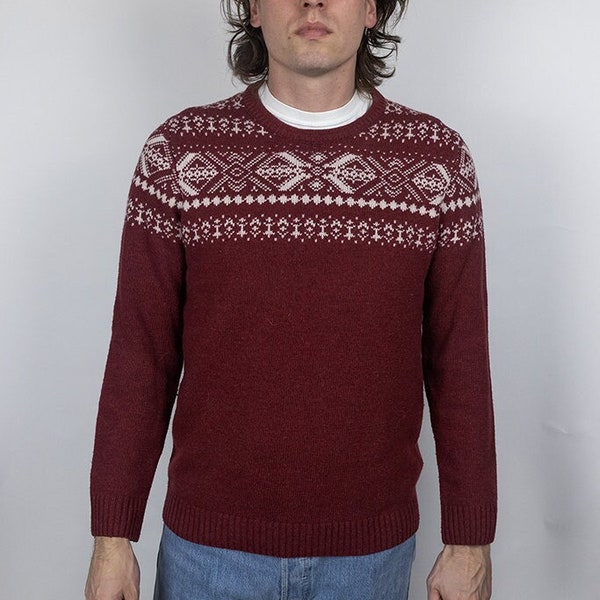 Vintage Y2K Wool Blend Knit Fair Isle Christmas Sweater Maroon Size Large