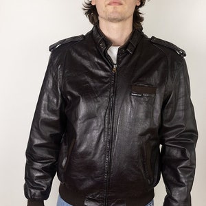 Vintage 80s Members Only Dark Brown Leather Cafe Racer Moto Jacket Black Size 42L Medium or Large Long Tall