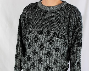 Vintage 80s Nuovo New Forces Colorblock Diamond Pattern Monochrome Sweater Size M