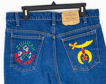One of a Kind Zuhrah Shrine Minnesota Masonic Embroidered Vintage 80s Levi's 20516 0914 516 No Tab Boot Cut Jeans 36 x 30 Made in USA Levis