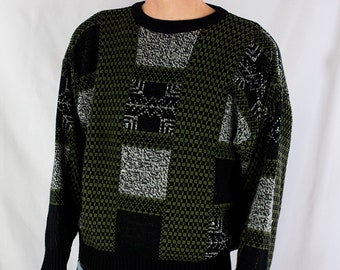 Vintage 80s Wood Land Trail Colorblock Sweater Size L Olive Gray Black Size L