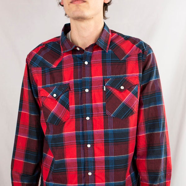 Vintage Y2K Levi's White Tab Western Pearl Snap Plaid Shirt Size L Red Black Blue