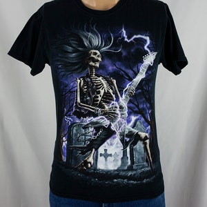 Vintage 90s Heavy Metal Skeleton Graveyard Concert Guitar Lightning All Over Print T-Shirt Size S