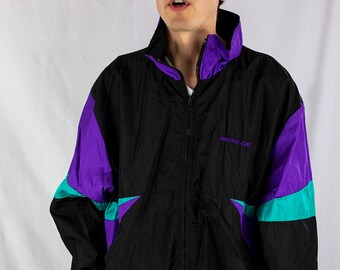 Vintage Champion Teal Purple White Color Block Embroidered Logo Spell Out Light Weight Zip Up Windbreaker Jacket size XL