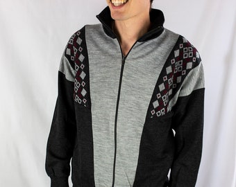Vintage 80s Mars Colorblock Geometric Full Zip Collared Sweater Size L Charcoal Gray Red Diamond Pattern