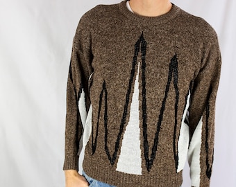 Vintage 80s Geometric Abstract Spikes Mountains Sweater Size M Brown Black White