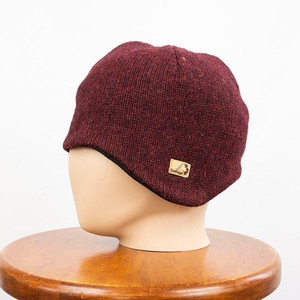 Vintage Eco Raggs Maroon Recycled Fleece Lined Knit Wool Blend Hat Integrated Ear Flaps