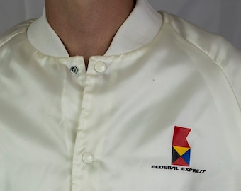 Super Rare Vintage 80s Pearl / Ivory Federal Express FedEx Bravo Zulu Satin Bomber Jacket Size XL