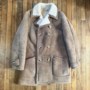 Vintage 70s Ericson of Sweden Shearling Sheepskin Suede Leather Sherpa Western Fur Boa Collar Long Overcoat Size 38 Made in Sweden