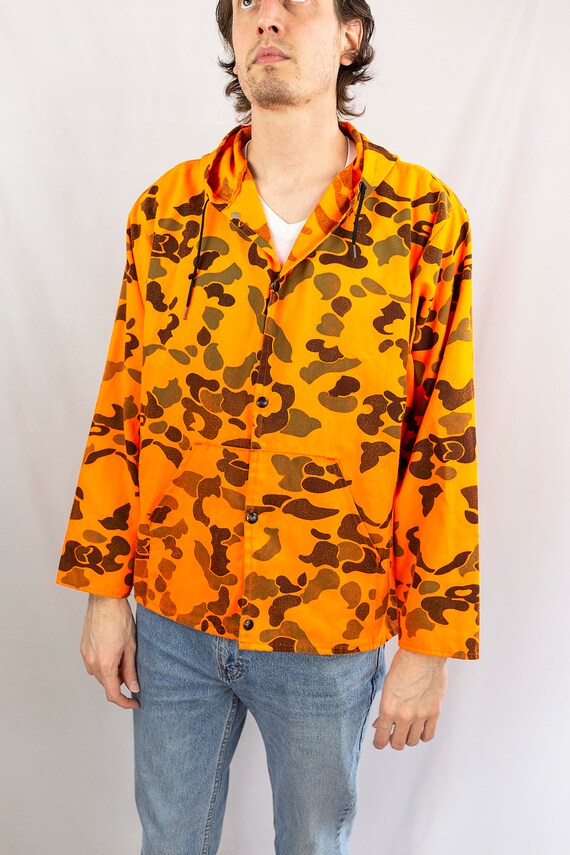Vintage 80s Sno King Blaze Orange Woodland Camouflage Full-Zip Light Hunting Jacket Hooded Size L Made in USA