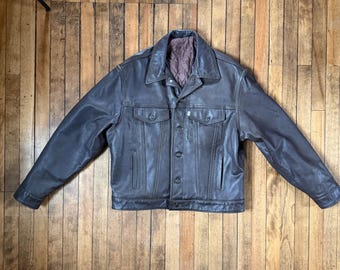 Vintage 80s Levi's White Tab Brown Leather Type 3 Trucker Jacket