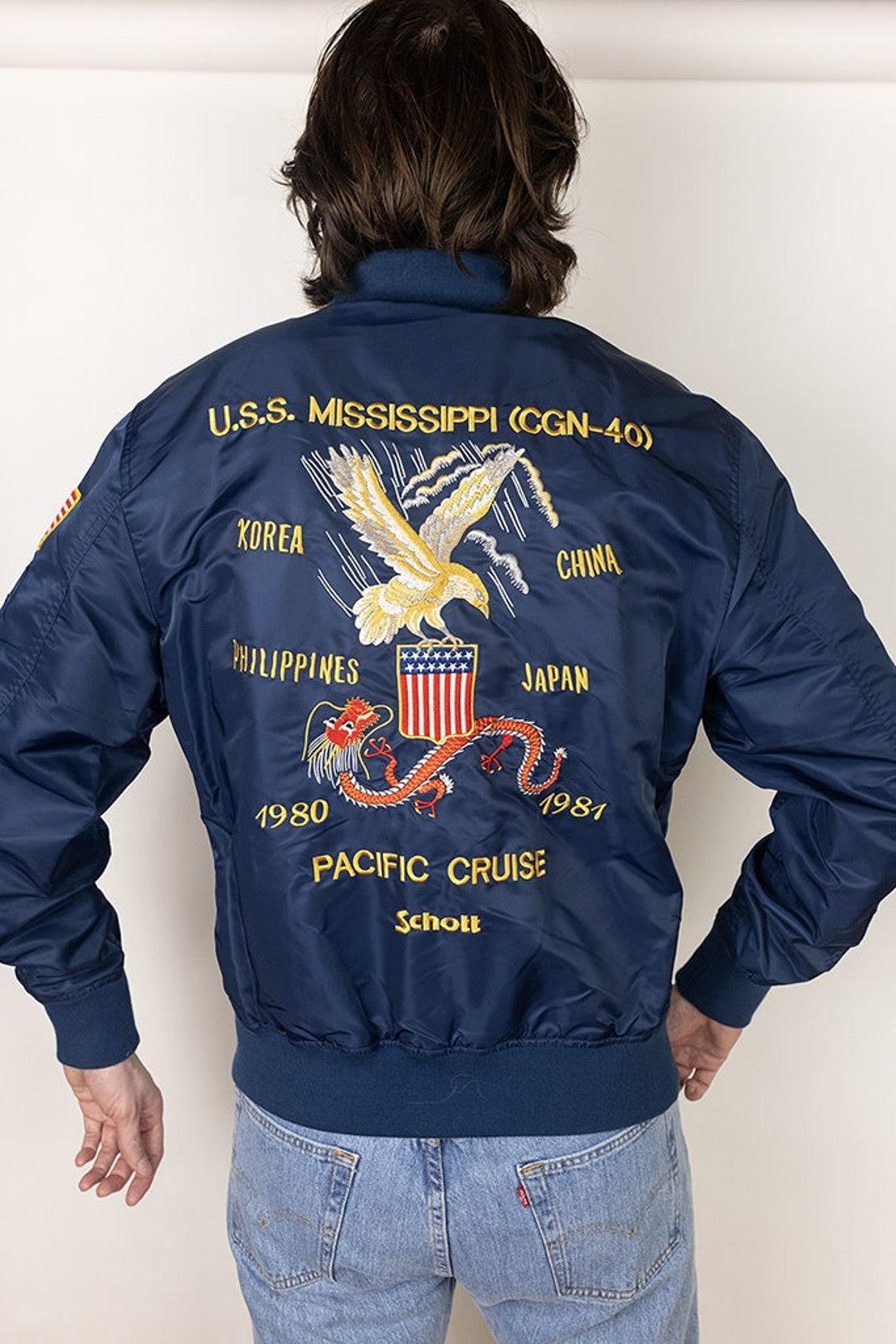 Schott MA-1 US Navy USS Mississippi Pacific Cruise Satin Schott MA-1 US Navy USS Mississippi Pacific Cruise Satin