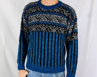 Vintage 80s Le Tigre Geometric Abstract Sweater Size M Blue Black Gray Made in USA