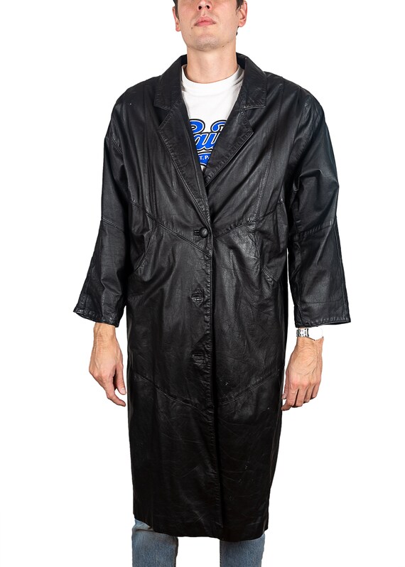 TIPTOP Leather Jacket – Black G1, 90s Vintage 90s Tip Top Black Leather Full Length Trench Coat Size