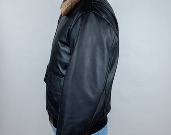 Vintage Eddie Bauer Lambskin Leather Down Bomber Jacket Fur Collar