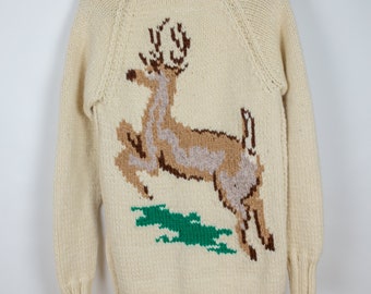 Vintage Whitetail Deer Buck Cowichan Full Zip Cardigan Chunky Knit Wool Sweater Size Small Tall