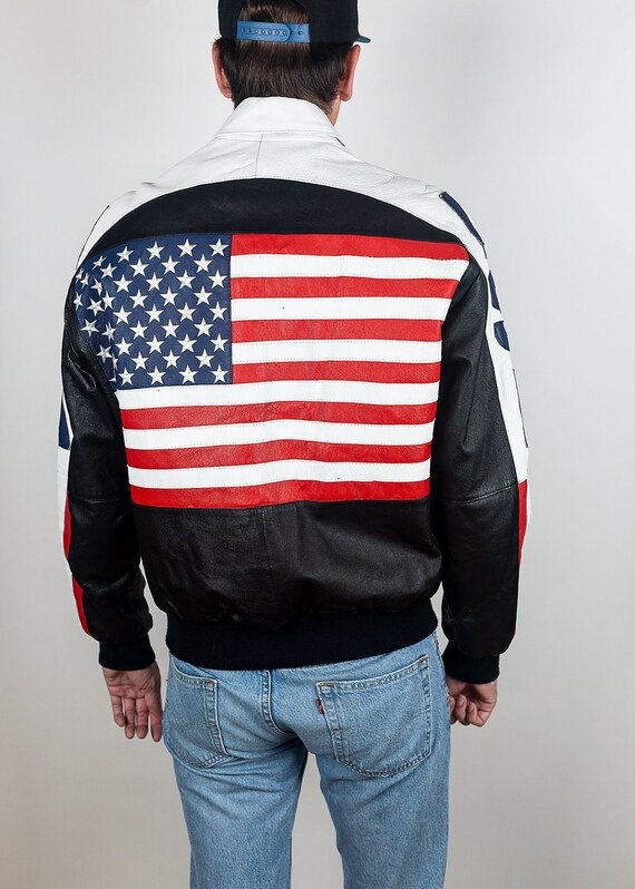 Vintage 80s Michael Hoban WhereMI USA American Flag Leather Full Zip Casual Insulated Bomber Jacket Like New Size Large Tall