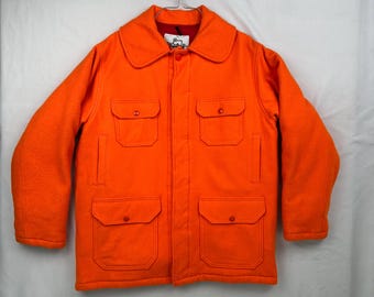 Vintage 70s Woolrich Insulated Mackinaw Wool Blaze Orange Hunting Jacket Size 44 Large Made in USA