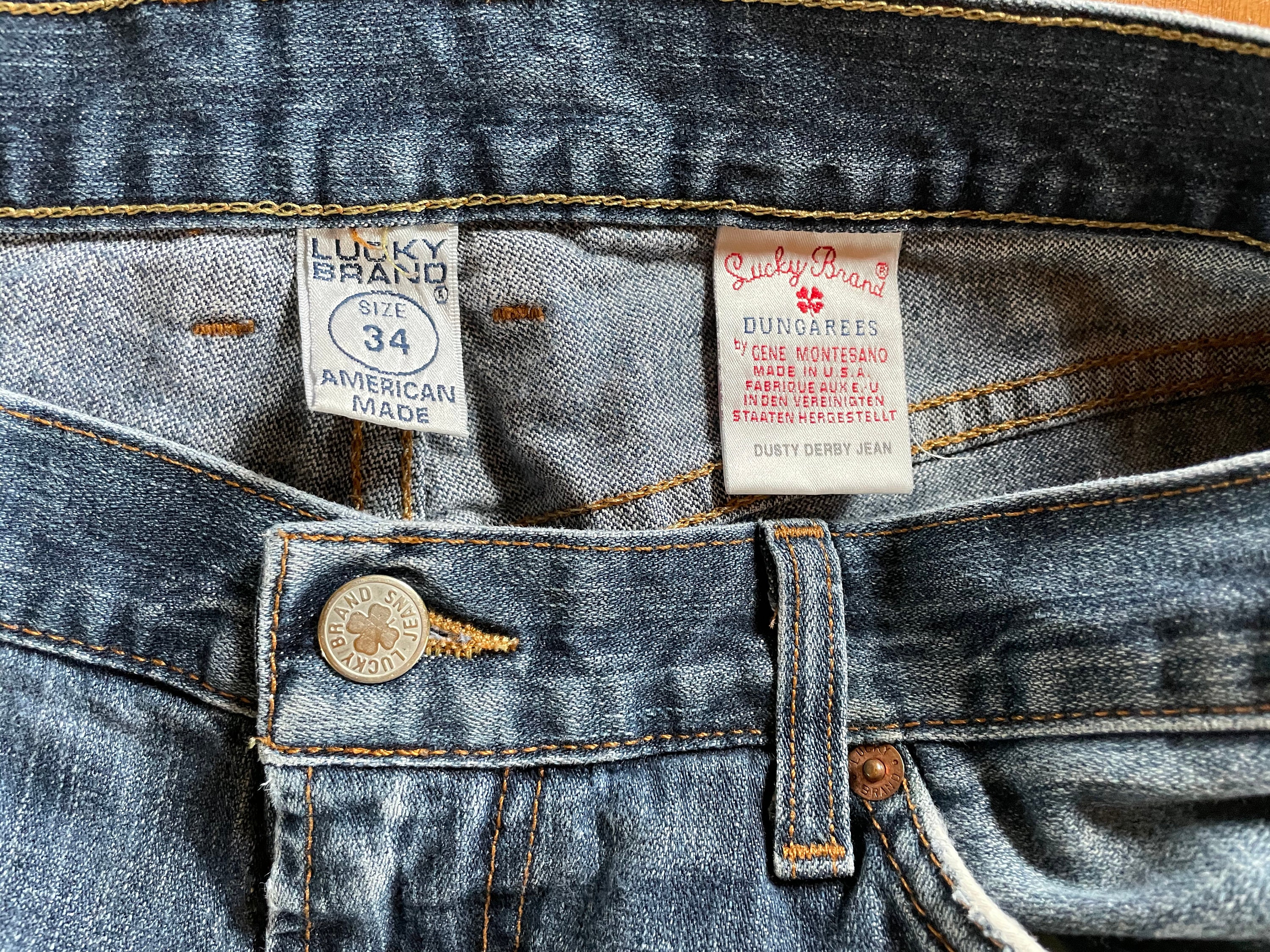 Vintage Y2K Lucky Brand Dungarees Distressed Faded Medium Indigo Wash Wide  Bootcut Dusty Derby Jeans 34 Long Made in USA -  Canada