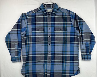 Vintage 90s L.L. Bean Chamois Flannel Plaid Long Sleeve Button Down Cotton Shirt Size L Navy Blue Black