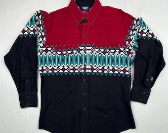 Vintage Brooks & Dunn Panhandle Slim Black Red Turquoise Southwestern Pattern Western Shirt Size Large 16x34