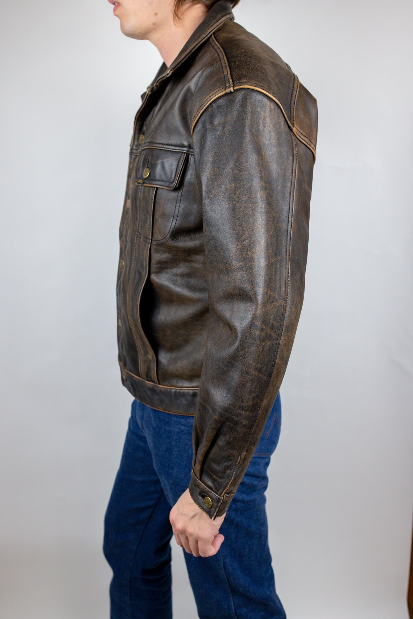 RARE Vintage 80s Lee 101 Storm Rider Brown Leather Trucker RARE Vintage 80s Lee 101 Storm Rider Brown Leather Trucker