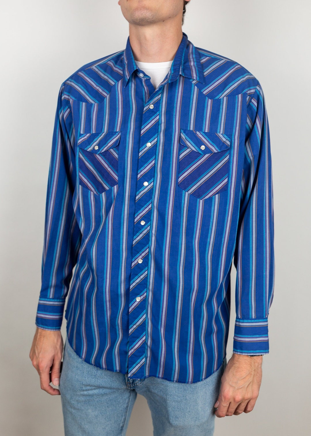 Vintage 90s Wrangler Blue Striped Pearl Snap Western Shirt Size