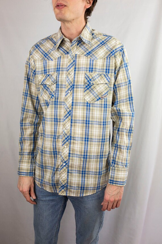 Vintage 90s Wrangler Plaid Western Polo Pearl Snap Shirt Size 