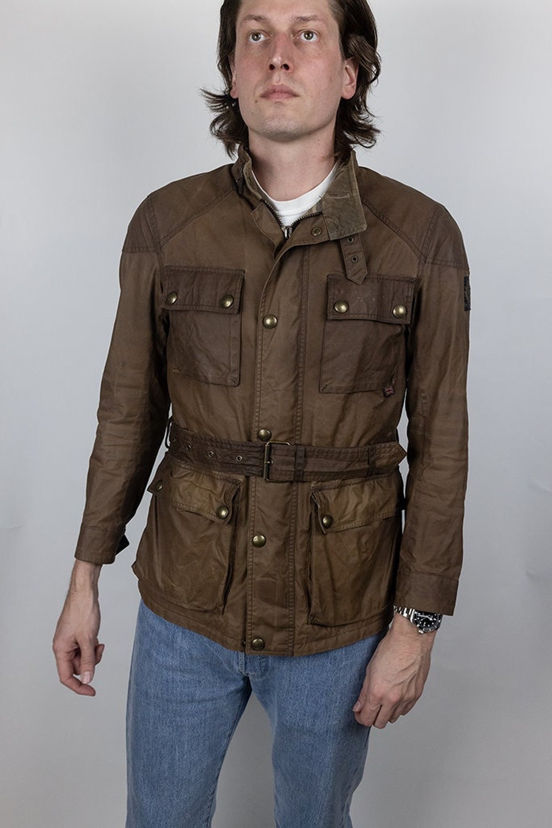 Vintage Belstaff Roadmaster 1981 Waxed Cotton Taupe Brown Belted