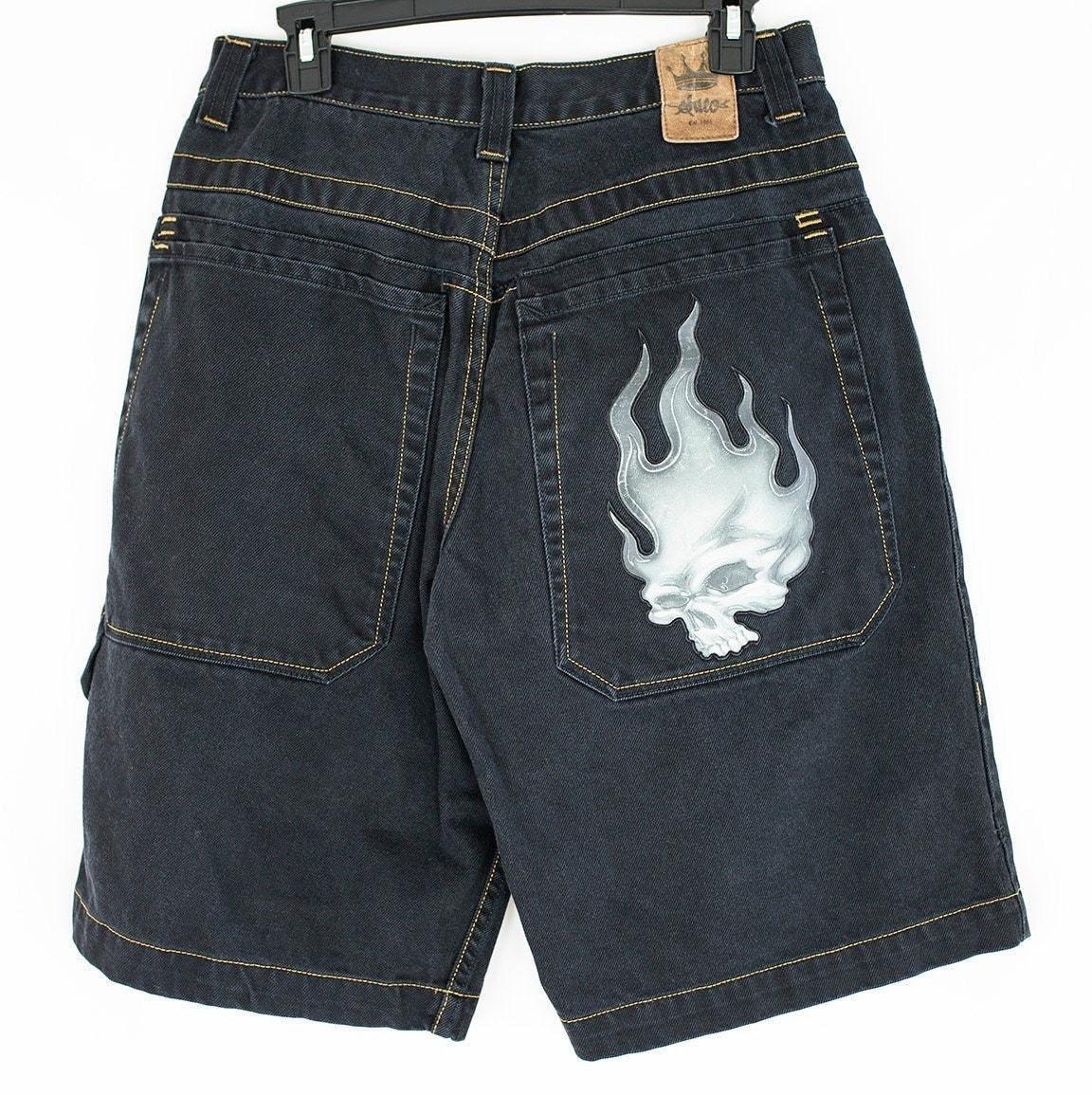 Vintage 90s JNCO Jeans Flaming Skull Black Baggy Carpenter