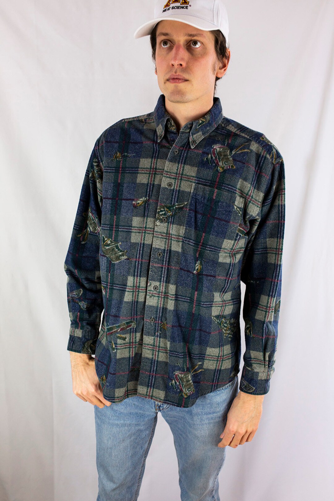 Chemise L.L. Bean Homme – Pêche, Manches Longues, Imprimé Poissons, Bleu, Taille XL