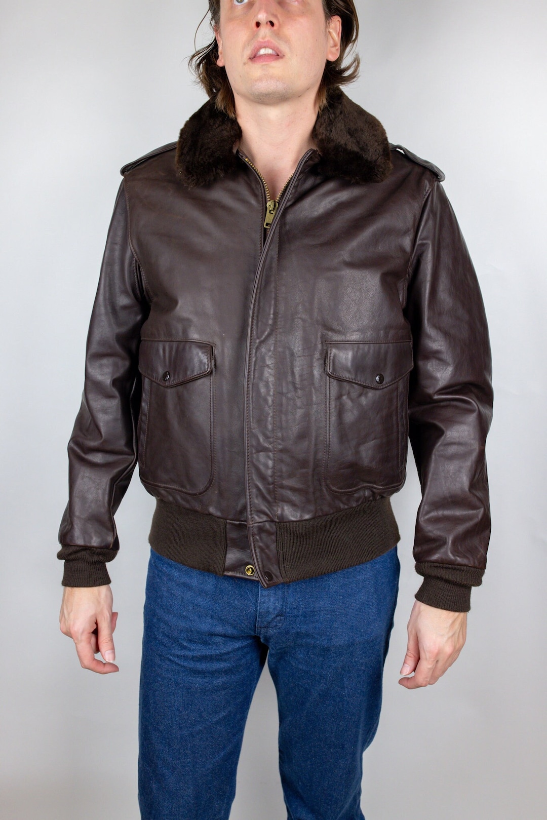 Vintage Schott 184SML Cowhide Leather Brown Faux Fur Collar
