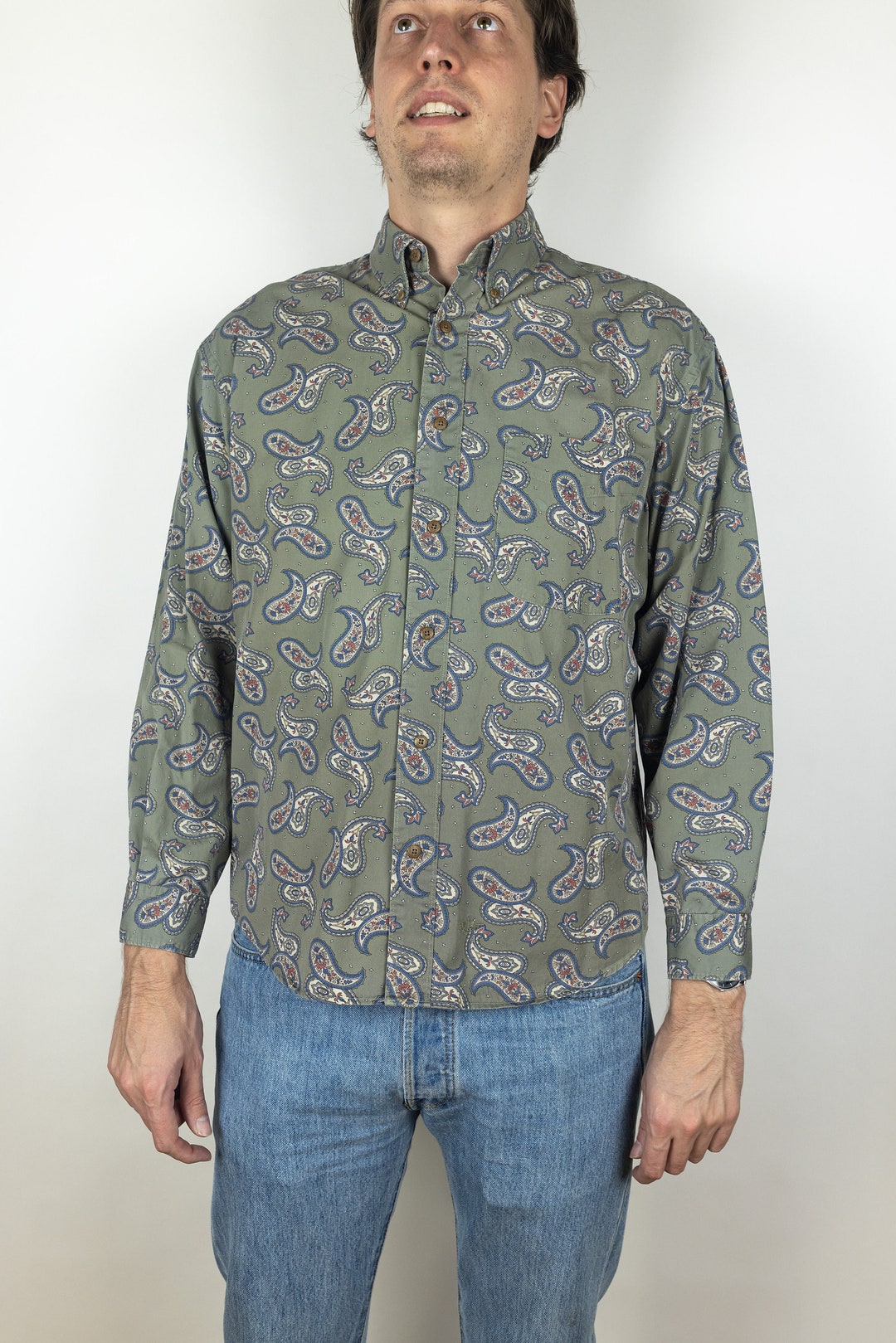 Dockers Pattern Vintage 1993 Dockers One Pocket Olive Drab Paisley Pattern Print Button ...