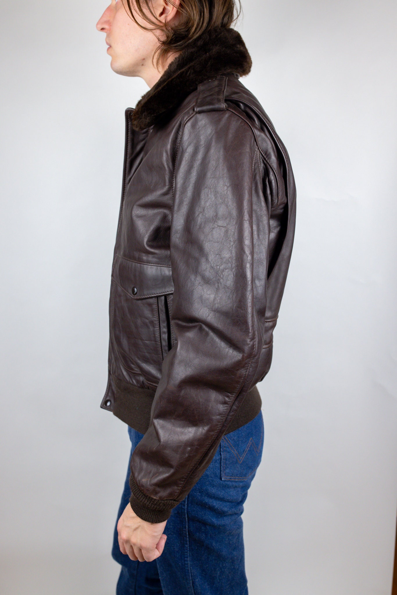 Vintage Schott 184SML Cowhide Leather Brown Faux Fur Collar